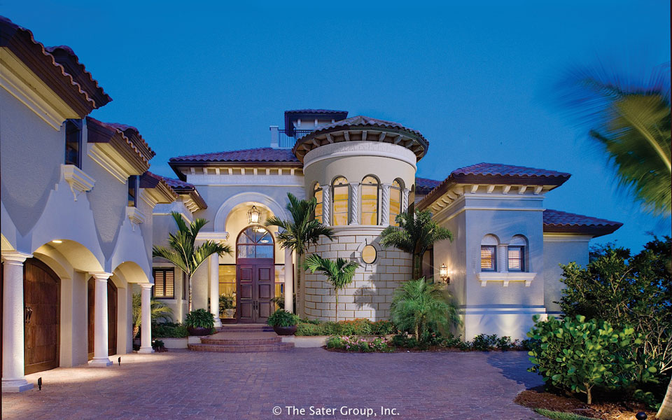 This custom home is even beautiful at night.