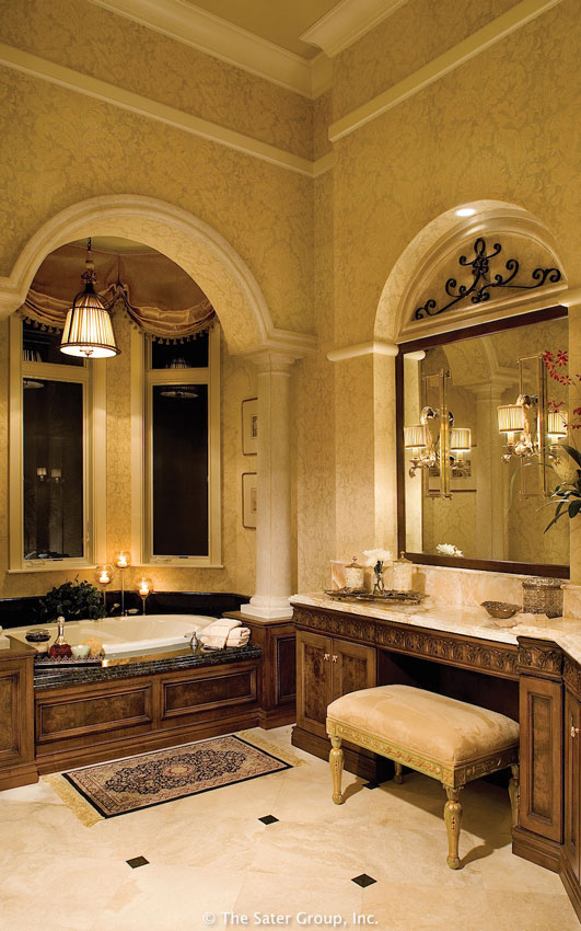 The master suite bath room has very tall ceilings and a large soaking tub.
